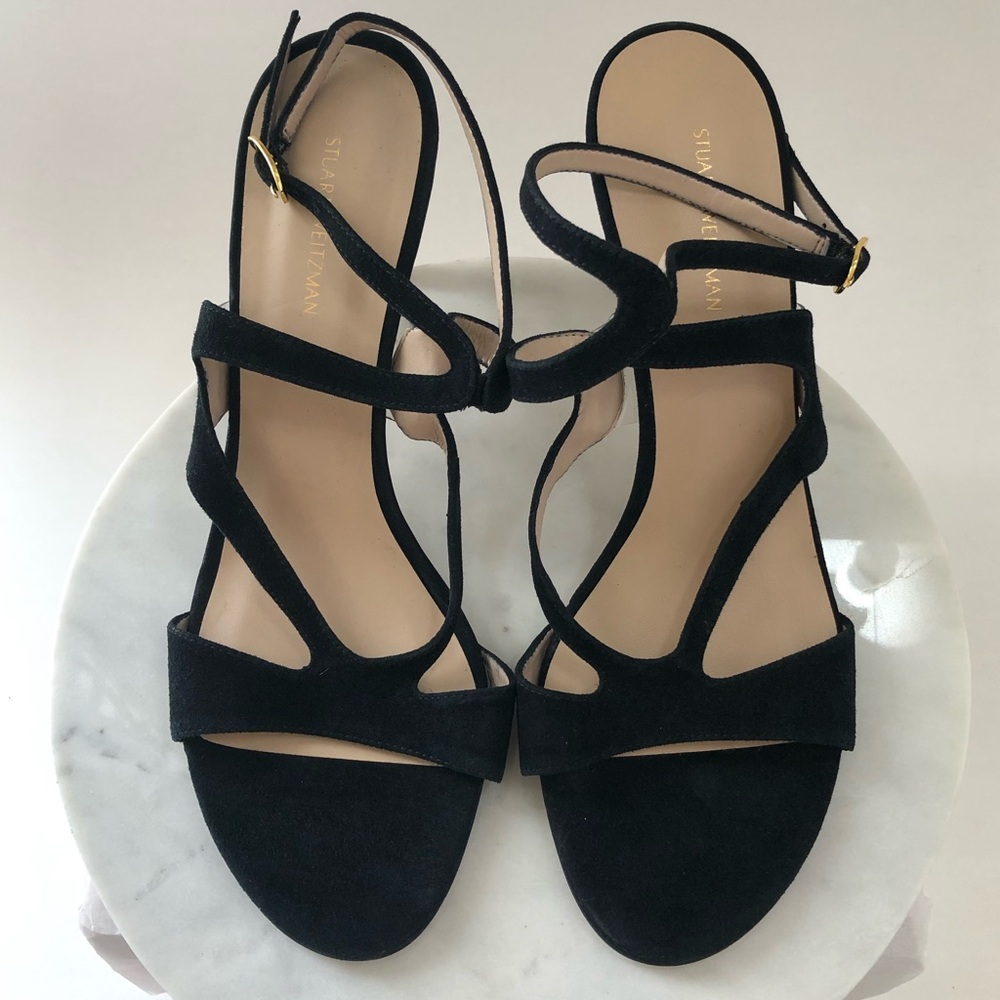 STUART WEITZMAN Mariposa Black Suede Leather Cutout High Heel Sandals - Picture 3 of 15